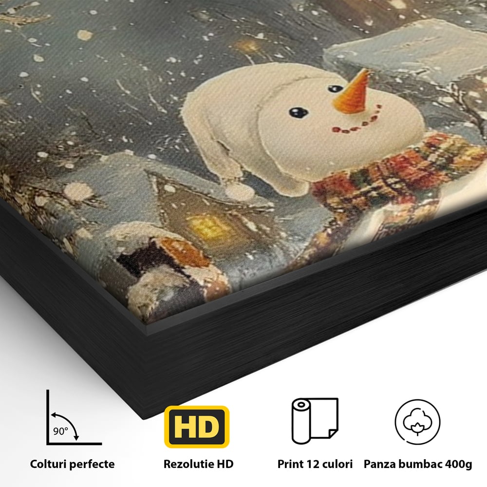 Detaliu al suprafetei: tablou canvas cu om de zapada, in rama de aluminiu negru